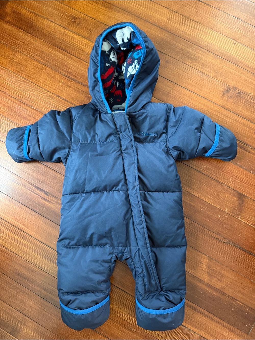 Columbia Navy Infant Puffer One‑Piece Snowsuit with Patterned Hood Liner